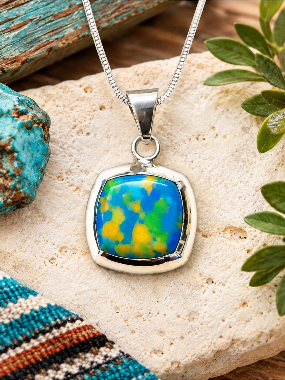 .925 Mexican abstract turquoise vintage pendant necklace